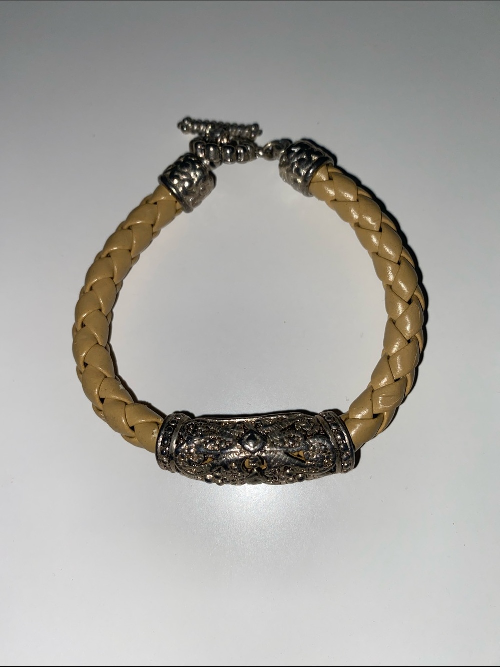 Braided Beige Leather Bracelet with Ornate Silver Accent